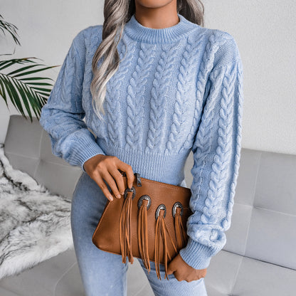 Damen Eleganter Cropped Strickpullover mit Zopfmuster und hochgeschlossenem Design Merchesia