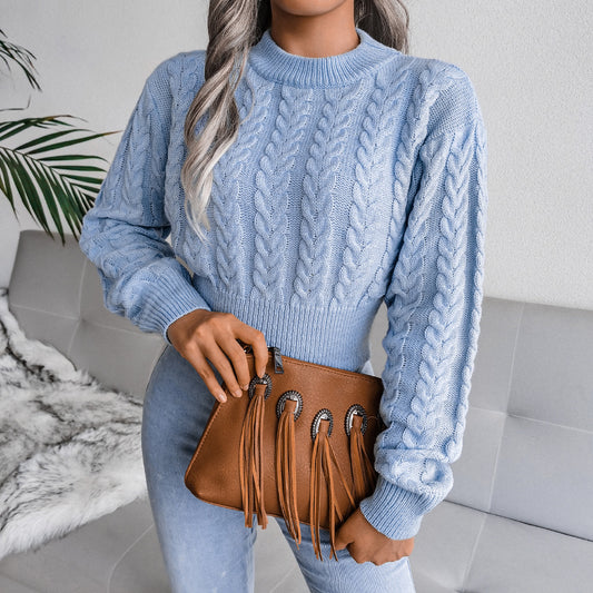 Damen Eleganter Cropped Strickpullover mit Zopfmuster und hochgeschlossenem Design Merchesia