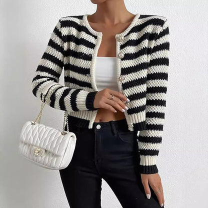 Damen gestreifte Strickjacke mit dekorativen Knöpfen Merchesia