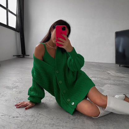 Damen Großer Strickcardigan mit Knopfleiste und Ballonärmeln Merchesia