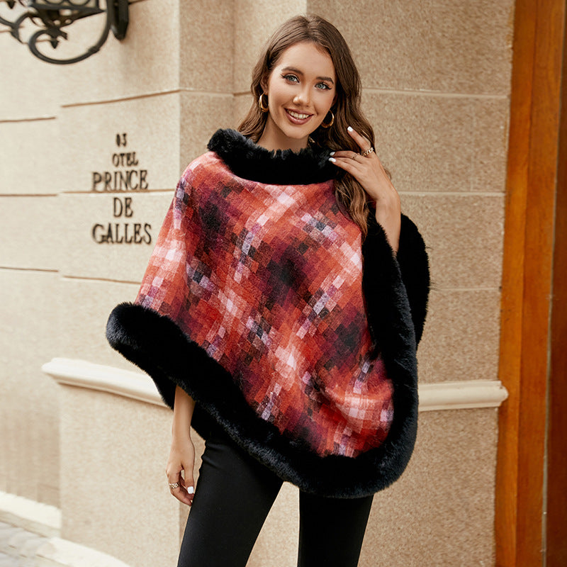 Damen modischer Poncho mit luxuriösem Kunstpelzkragen Merchesia