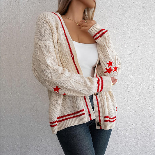 Damen lässiger Strickcardigan mit strukturiertem Zopfmuster und dekorativen Knöpfen Merchesia