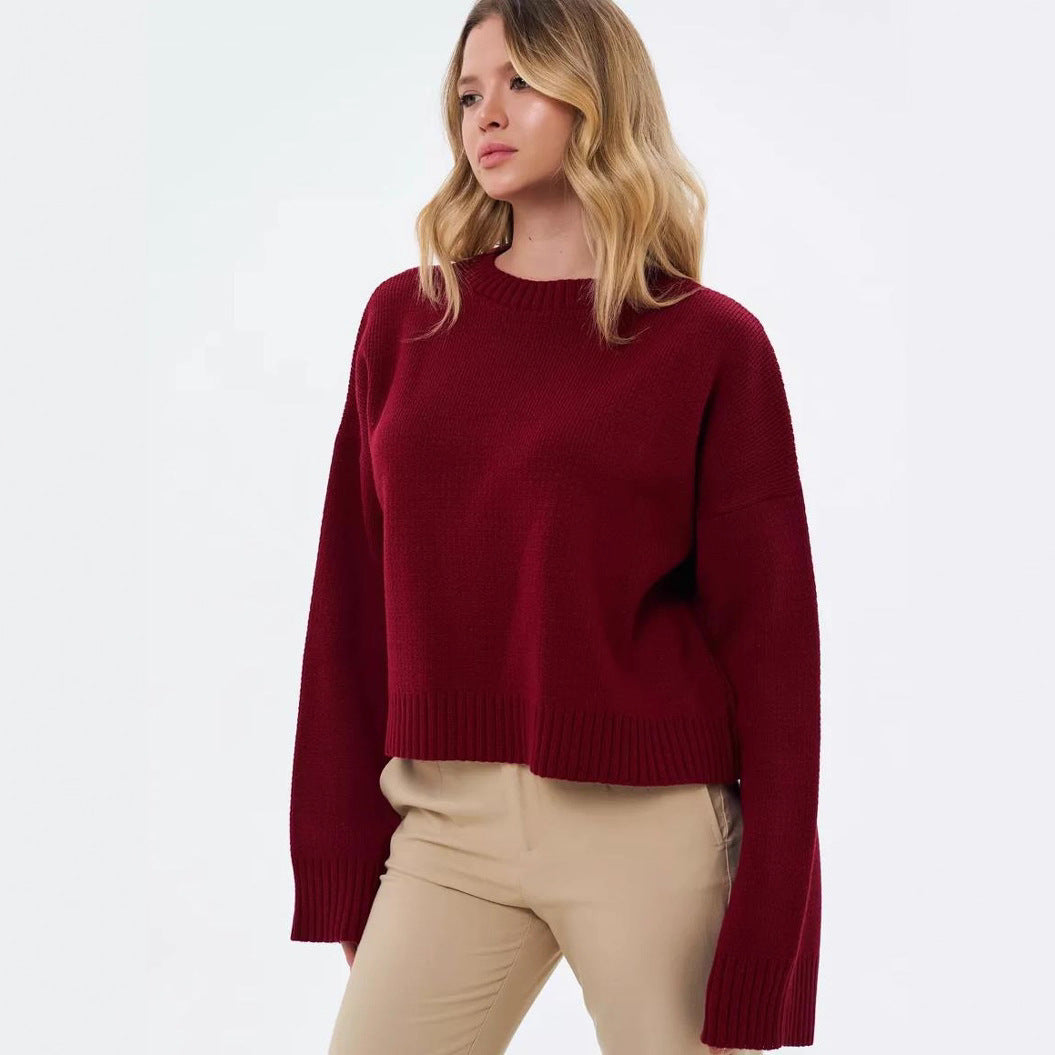 Damen gemütlicher Cropped-Pullover mit lässigen Ballonärmel und Rippstruktur Merchesia