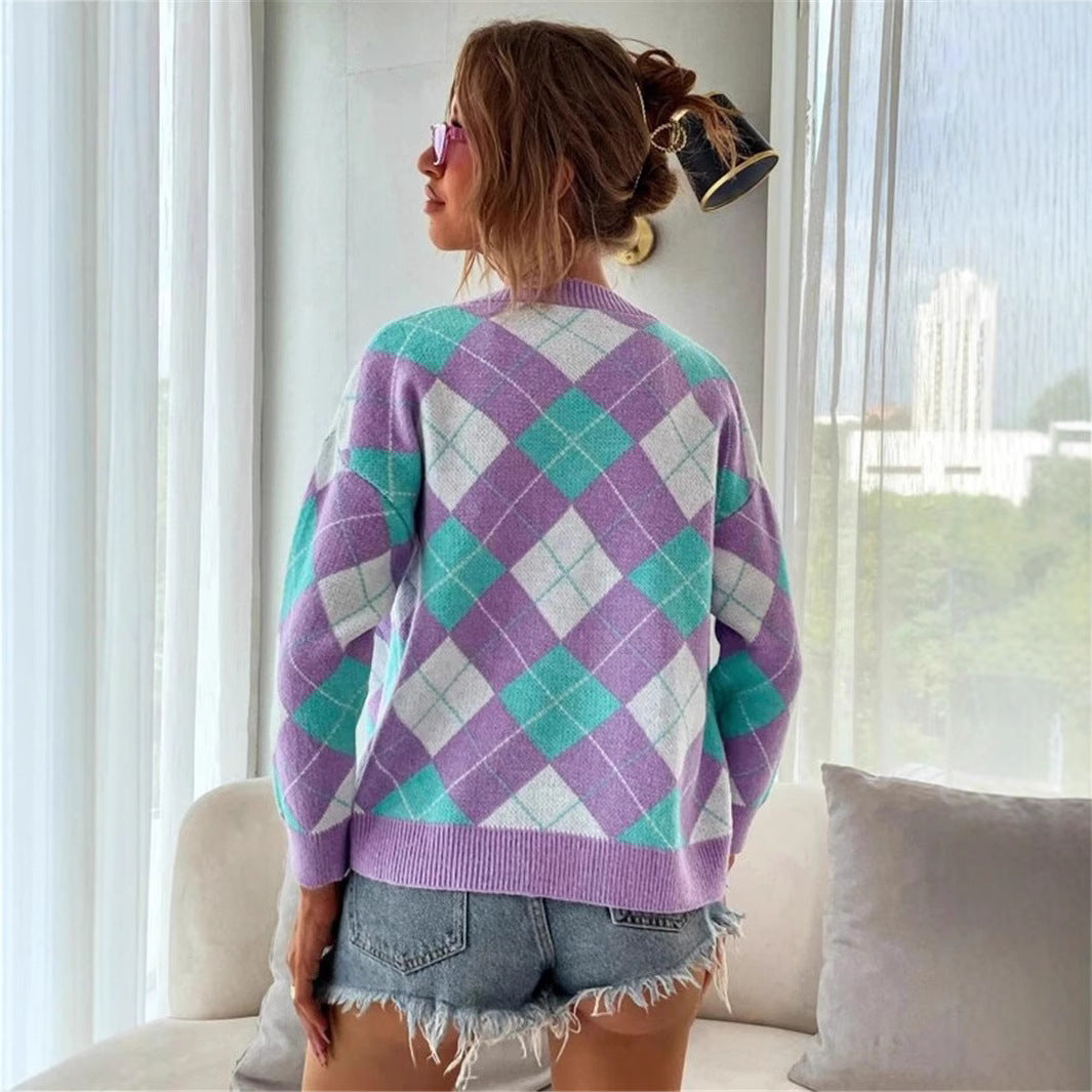 Damen Karierte Strickjacke mit Knöpfen und V-Ausschnitt Merchesia