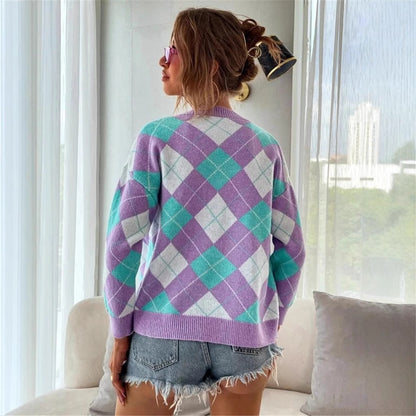 Damen Karierte Strickjacke mit Knöpfen und V-Ausschnitt Merchesia