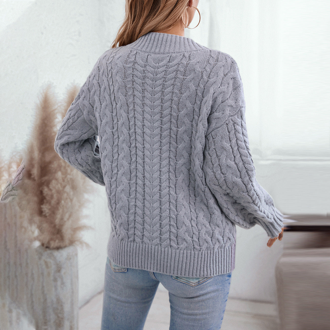 Damen Grobstrickpullover mit V-Ausschnitt und Zopfmuster Merchesia