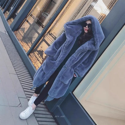 Damen Übergroßer Kunstfellmantel mit Kapuze und Taschen Merchesia