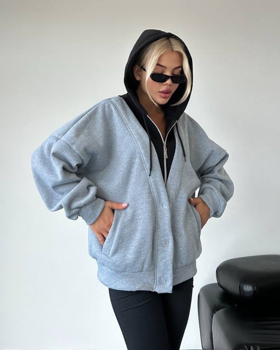 Damen gemütlicher Oversized-Jacke mit Kapuze und Druckknopfverschluss Merchesia