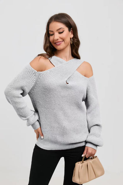 Damen Off-Shoulder Strickpullover mit asymmetrischem Design Merchesia