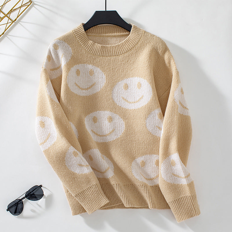 Damen lässiger Pullover mit fröhlichem Smiley-Muster Merchesia