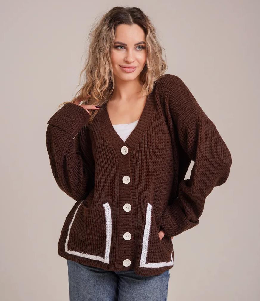 Damen Lässiger Strickcardigan mit tiefem V-Ausschnitt und praktischen Taschen Merchesia