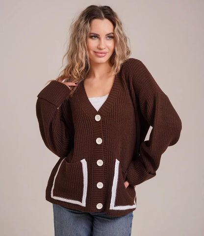 Damen Lässiger Strickcardigan mit tiefem V-Ausschnitt und praktischen Taschen Merchesia