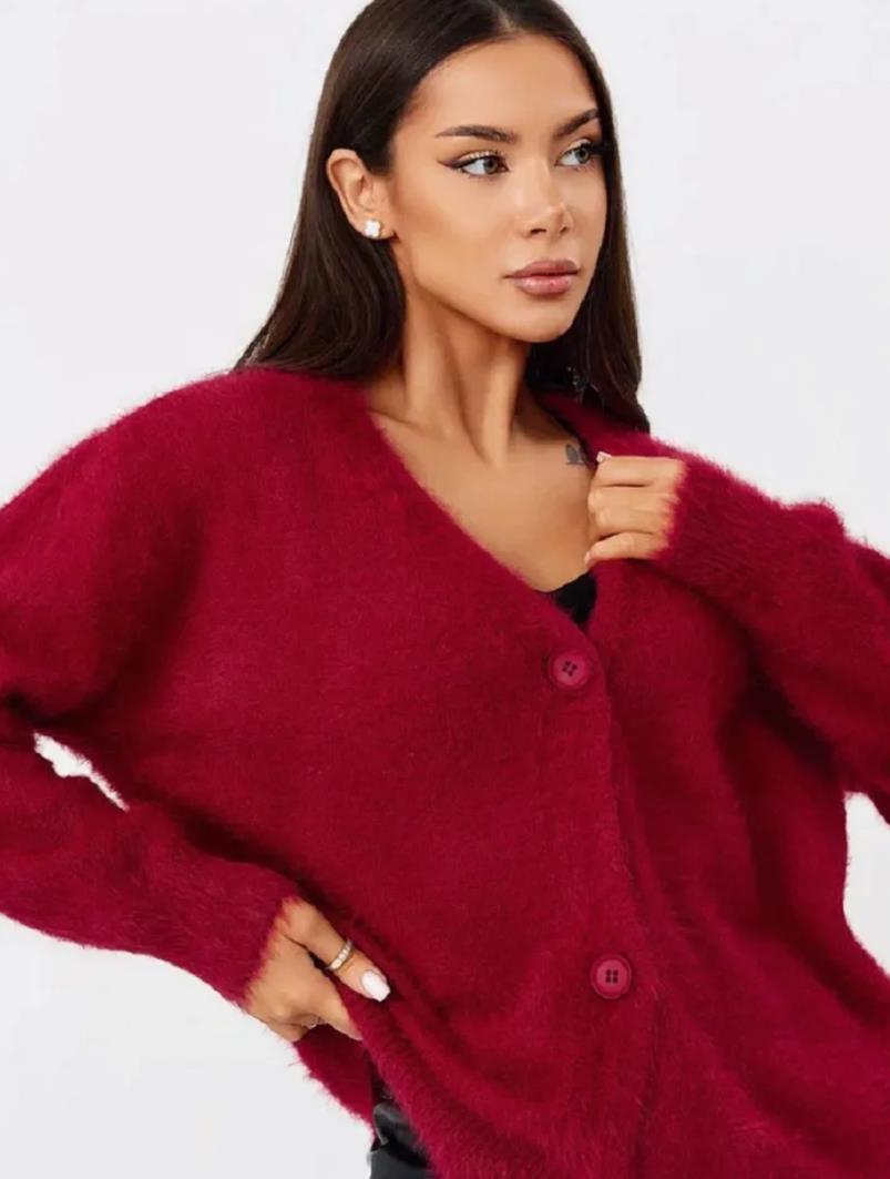 Damen kuschelige Strickjacke mit weichem Mohair-Mix und eleganter Knopfleiste Merchesia