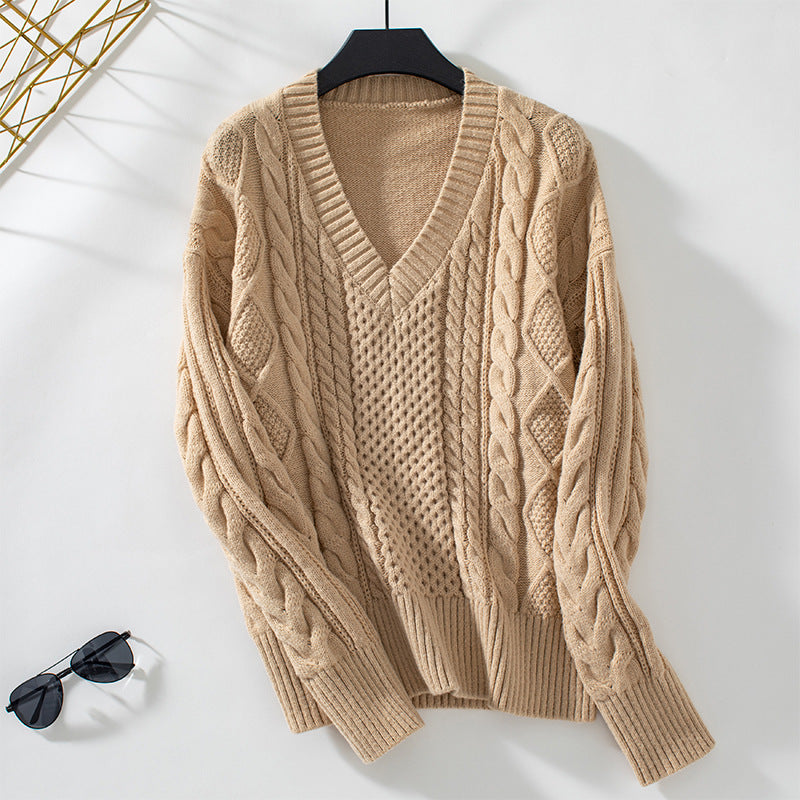 Damen modischer Strickpullover mit tiefem V-Ausschnitt und Zopfmuster Merchesia