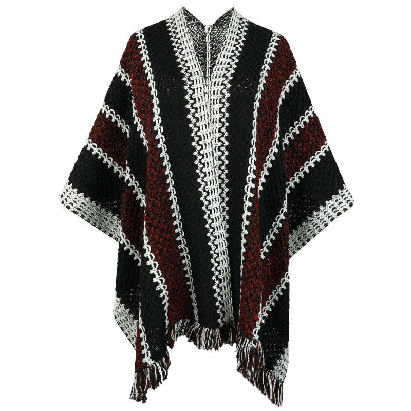 Damen Strickponcho mit V-Ausschnitt und Fransen Merchesia
