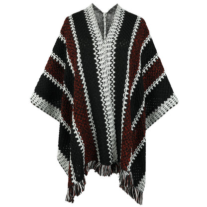 Damen Strickponcho mit V-Ausschnitt und Fransen Merchesia