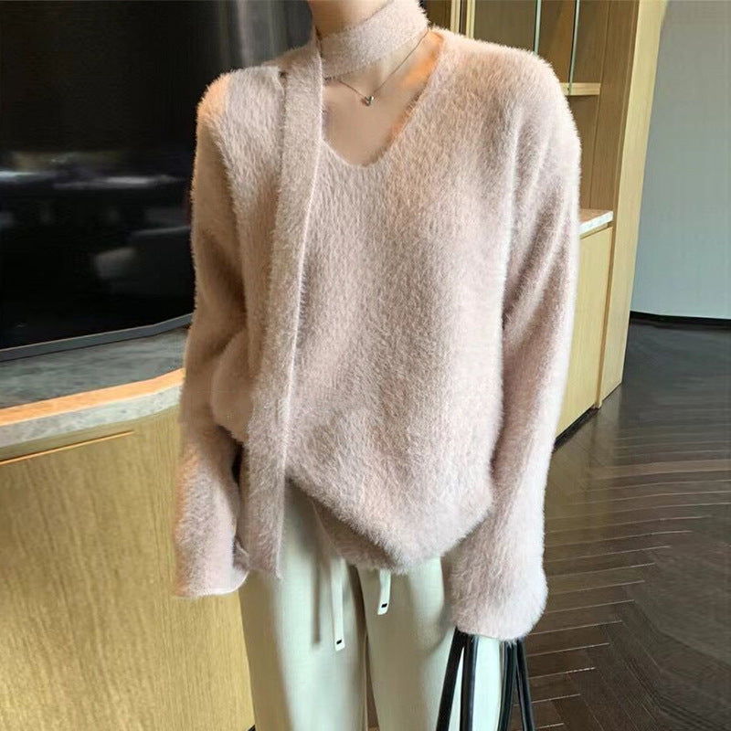 Damen Grobstrickpullover mit tiefem V-Ausschnitt und schicker Banddetails Merchesia