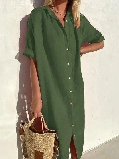 elegantes, lässiges kleid für damen mit weiten Ärmeln und knöpfen kleid aus baumwolle und leinen
