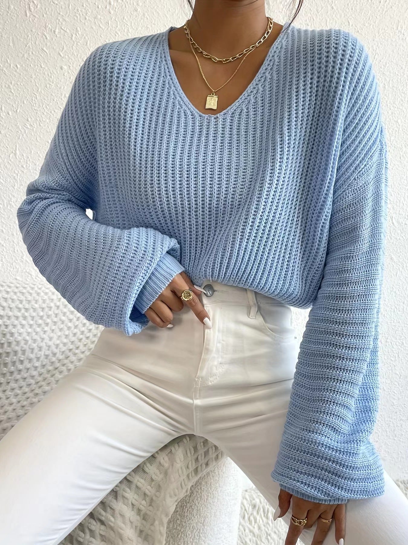 Damen lässiger Sweater mit weitem V-Ausschnitt und langen Ärmeln Merchesia