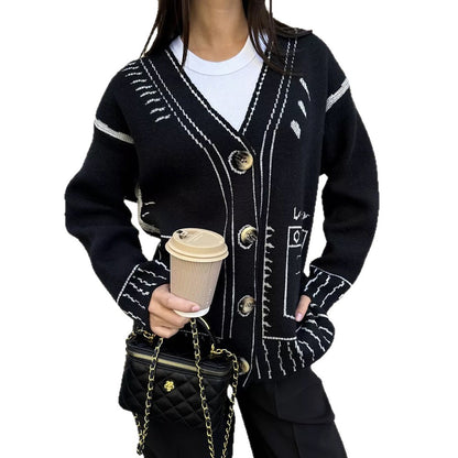 Damen Designer-Strickjacke mit auffälligem geometrischem Muster und großen Knöpfen Merchesia