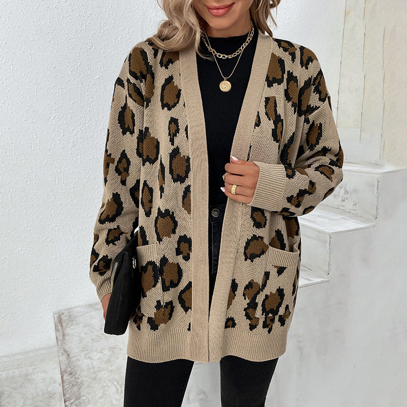 Damen modische Strickjacke mit Leopardenmuster und praktischen Taschen Merchesia