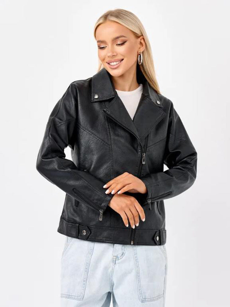 Damen hochwertige Kunstlederjacke im Biker-Stil mit asymmetrischem Reißverschluss Merchesia