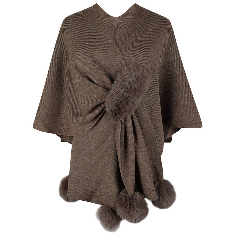 Damen eleganter Poncho mit luxuriösem Kunstfellbesatz Merchesia