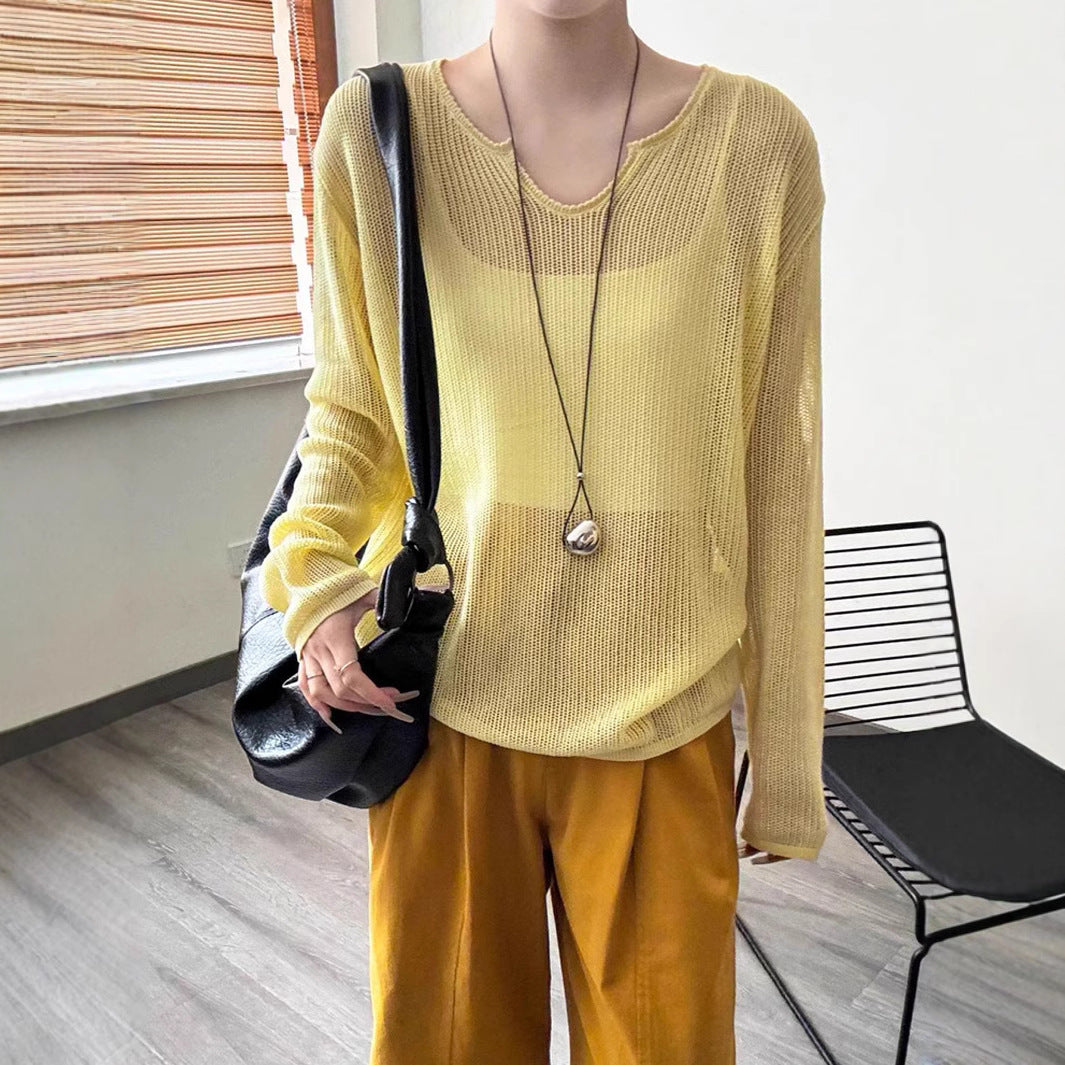 Damen luftiger Strickpullover mit V-Ausschnitt und lässigem Schnitt Merchesia