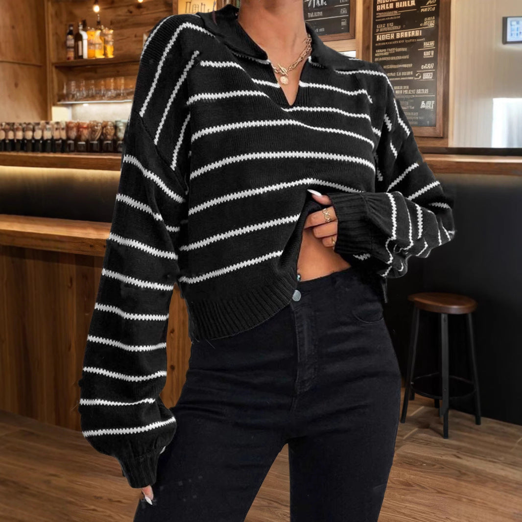 Damen moderner cropped Pullover mit Streifen und tiefem V-Ausschnitt Merchesia