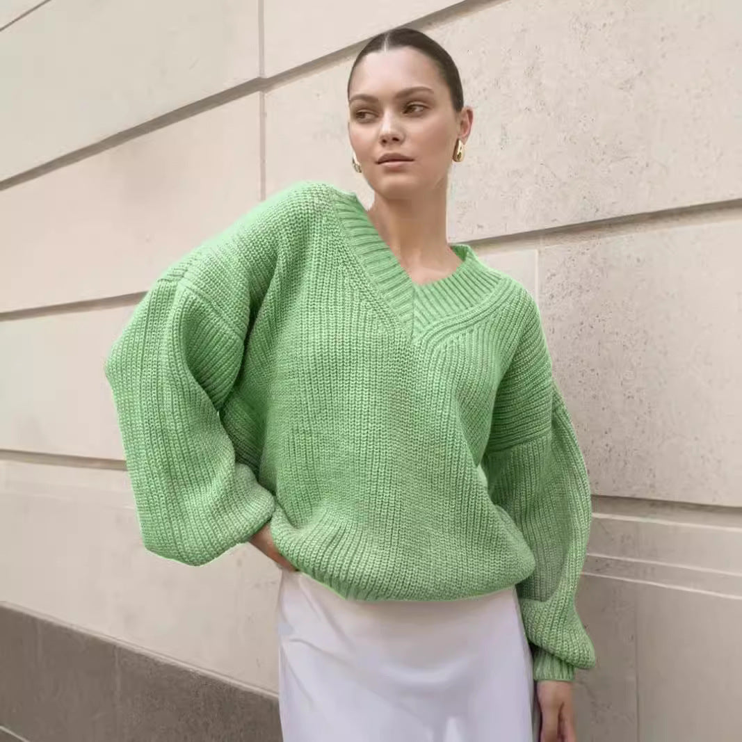 Damen lässiger Pullover mit V-Ausschnitt und voluminösen Ärmeln Merchesia