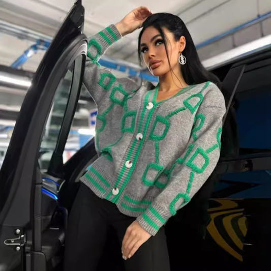 Damen Strickjacke mit grafischem Muster und Knopfdetails Merchesia