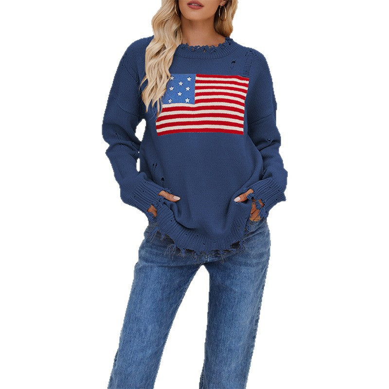 Damen lässiger Pullover mit Flaggenmuster und fransigem Saum Merchesia