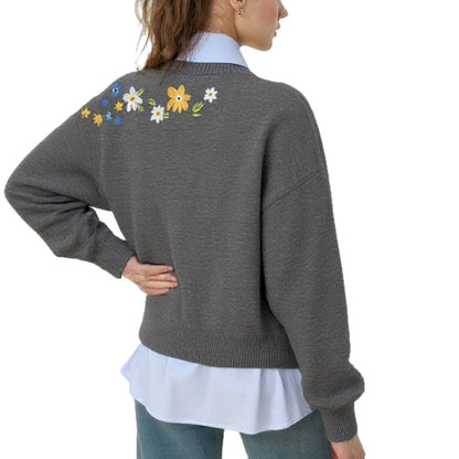 Damen Strickpullover mit floralen Stickereien und lässigem Schnitt Merchesia
