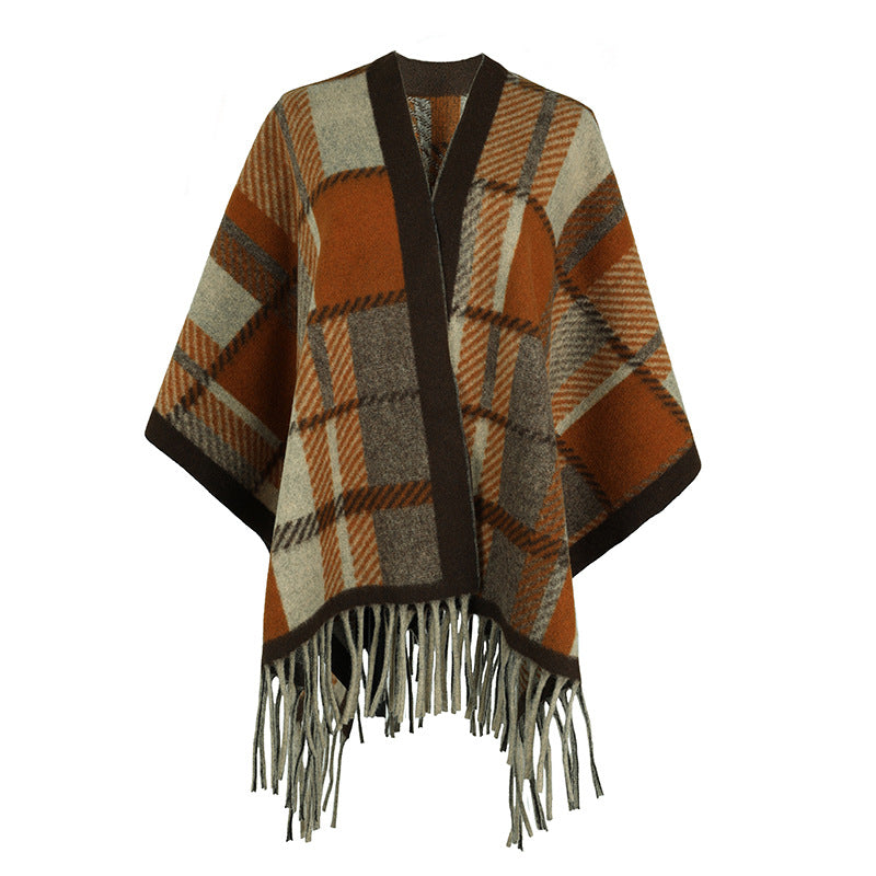 Damen eleganter Poncho mit modernem Karomuster und Fransen Merchesia