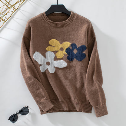 Damen lässiger Pullover mit floralen Motiven und Rundkragen Merchesia