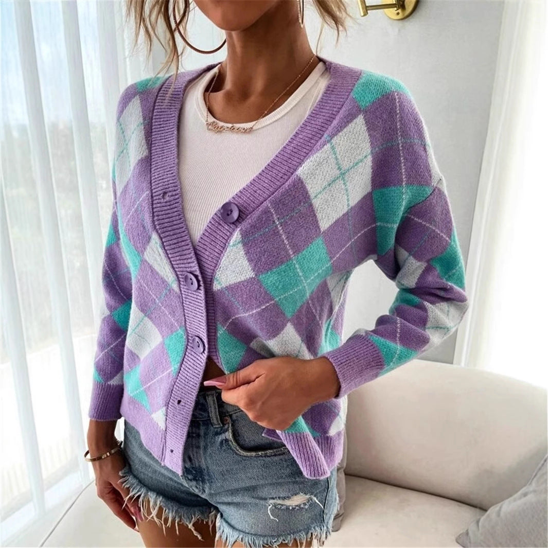 Damen Karierte Strickjacke mit Knöpfen und V-Ausschnitt Merchesia