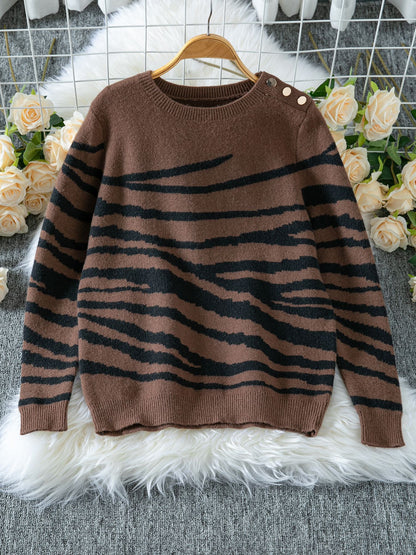 Damen gemütlicher Strickpullover mit modernem Zebrastreifen-Muster und komfortablem Schnitt Merchesia