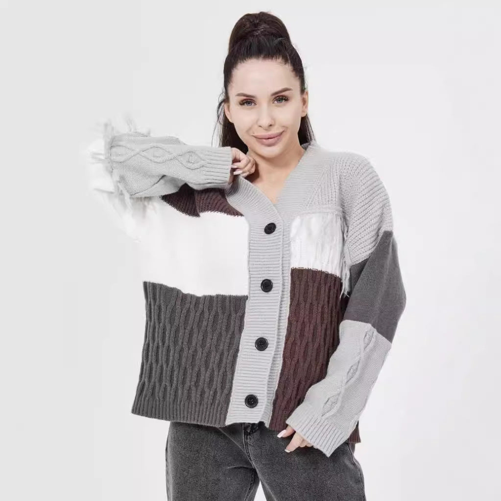 Damen Strickjacke mit modischem Blockstreifenmuster und klassischem Knopfverschluss Merchesia