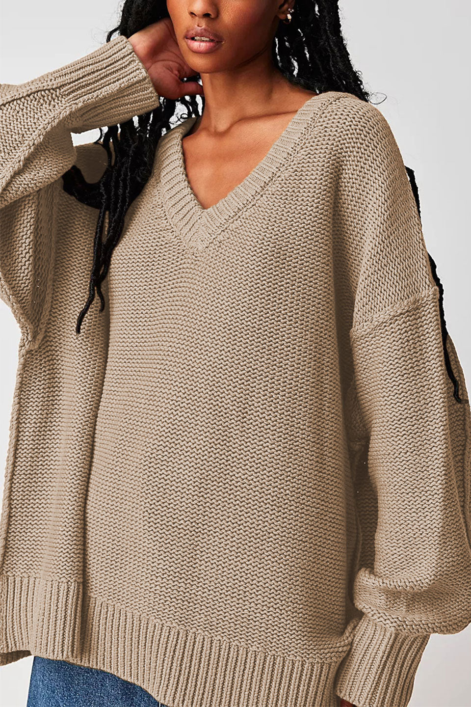 Damen V-Ausschnitt Oversized Pullover mit strukturiertem Strickmuster Merchesia