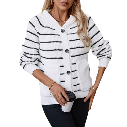 Damen gestreifte Strickjacke mit Kapuze und Taschen Merchesia