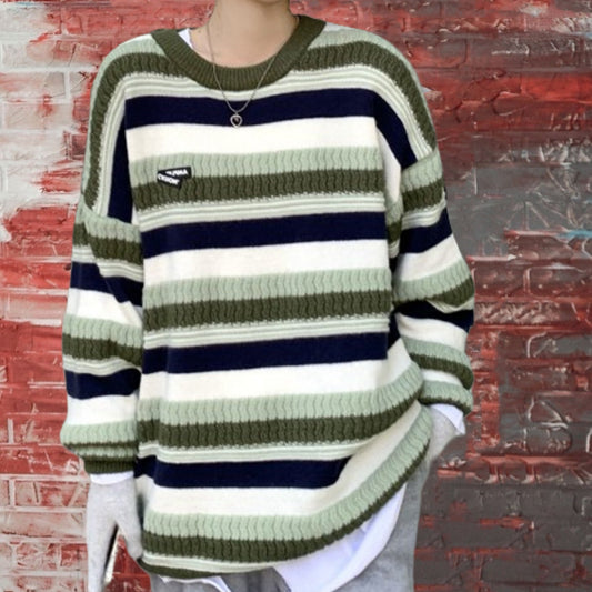 Damen lässiger Strickpullover mit raffiniertem Streifenmuster und voluminösen Ärmeln Merchesia