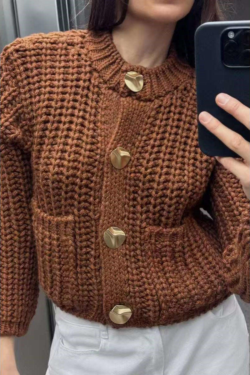 Damen kuschelige Strickjacke mit dekorativen Knöpfen und praktischen Taschen Merchesia