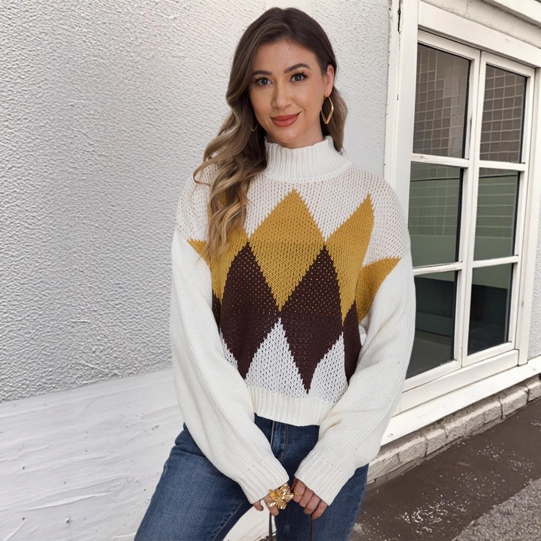 Damen modischer Strickpullover mit geometrischem Muster und hohem Kragen Merchesia