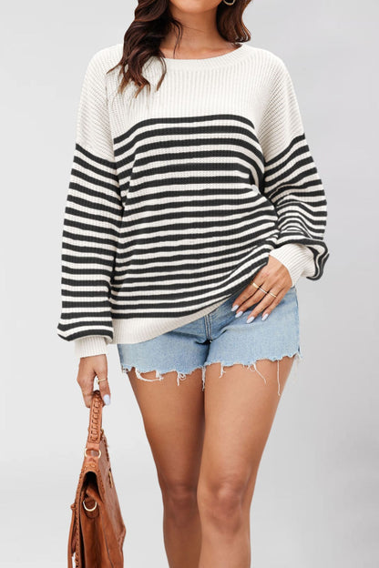 Damen lässiger Struktur-Pullover mit Streifenmuster Merchesia