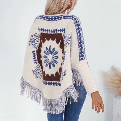 Damen eleganter Strickponcho mit kunstvollem Muster und fransigem Abschluss Merchesia