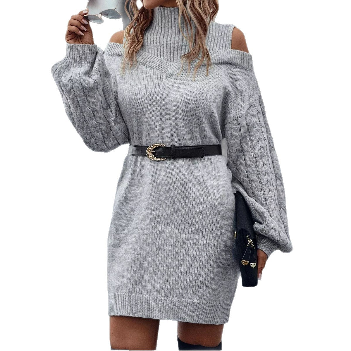 Damen Strickkleid mit lässigem V-Ausschnitt und voluminösen Ärmeln Merchesia