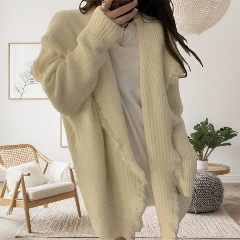 Damen lässiger Strickcardigan mit fransiger Detailverarbeitung Merchesia