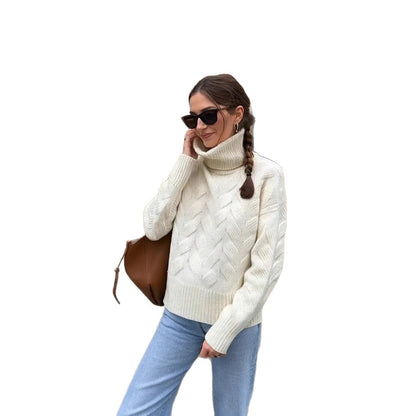 Damen gemütlicher Pullover mit hohem Kragen und Kabelstrick Merchesia