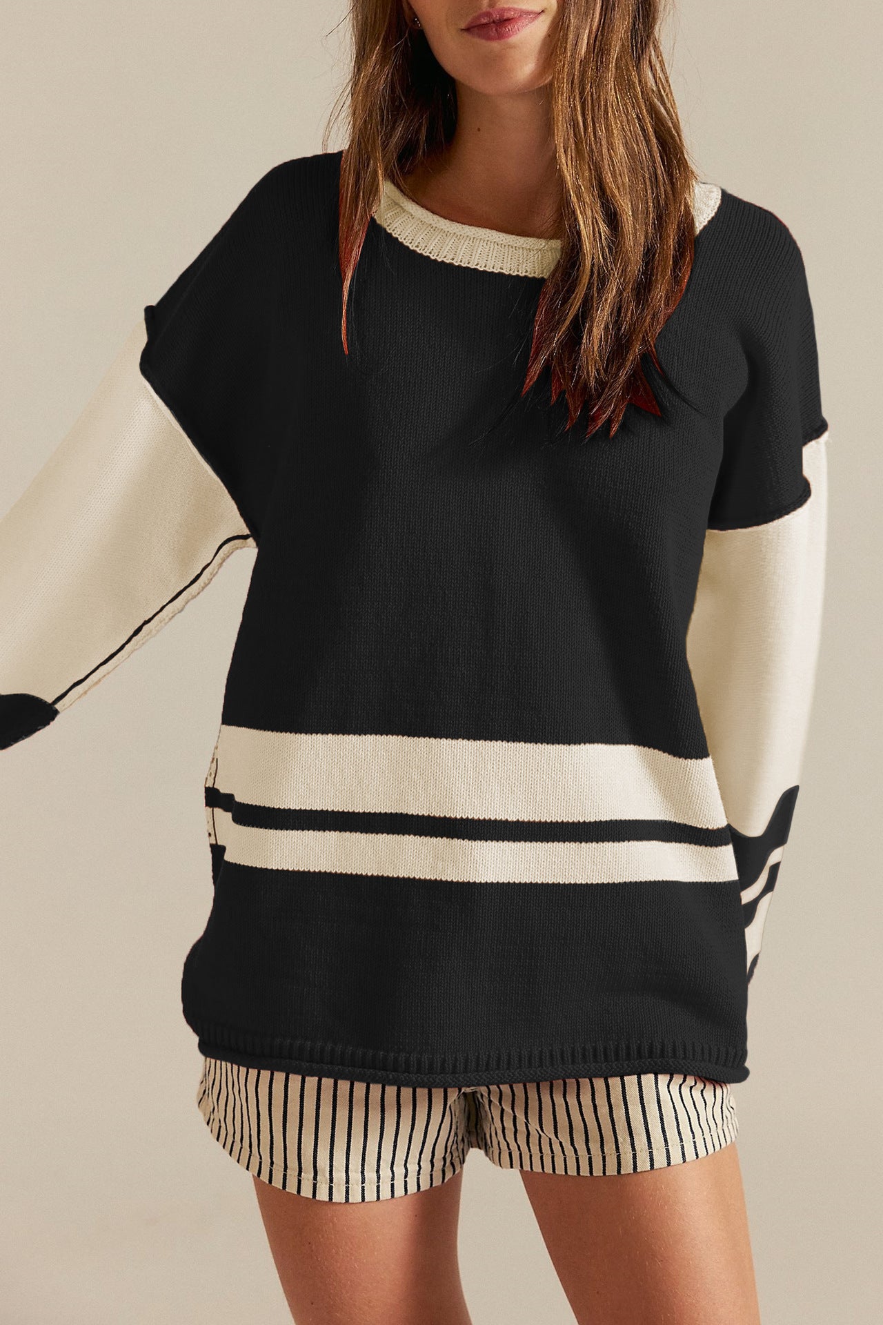 Damen lässiger Sportpullover mit kontrastierenden Ärmel- und Streifenmustern Merchesia