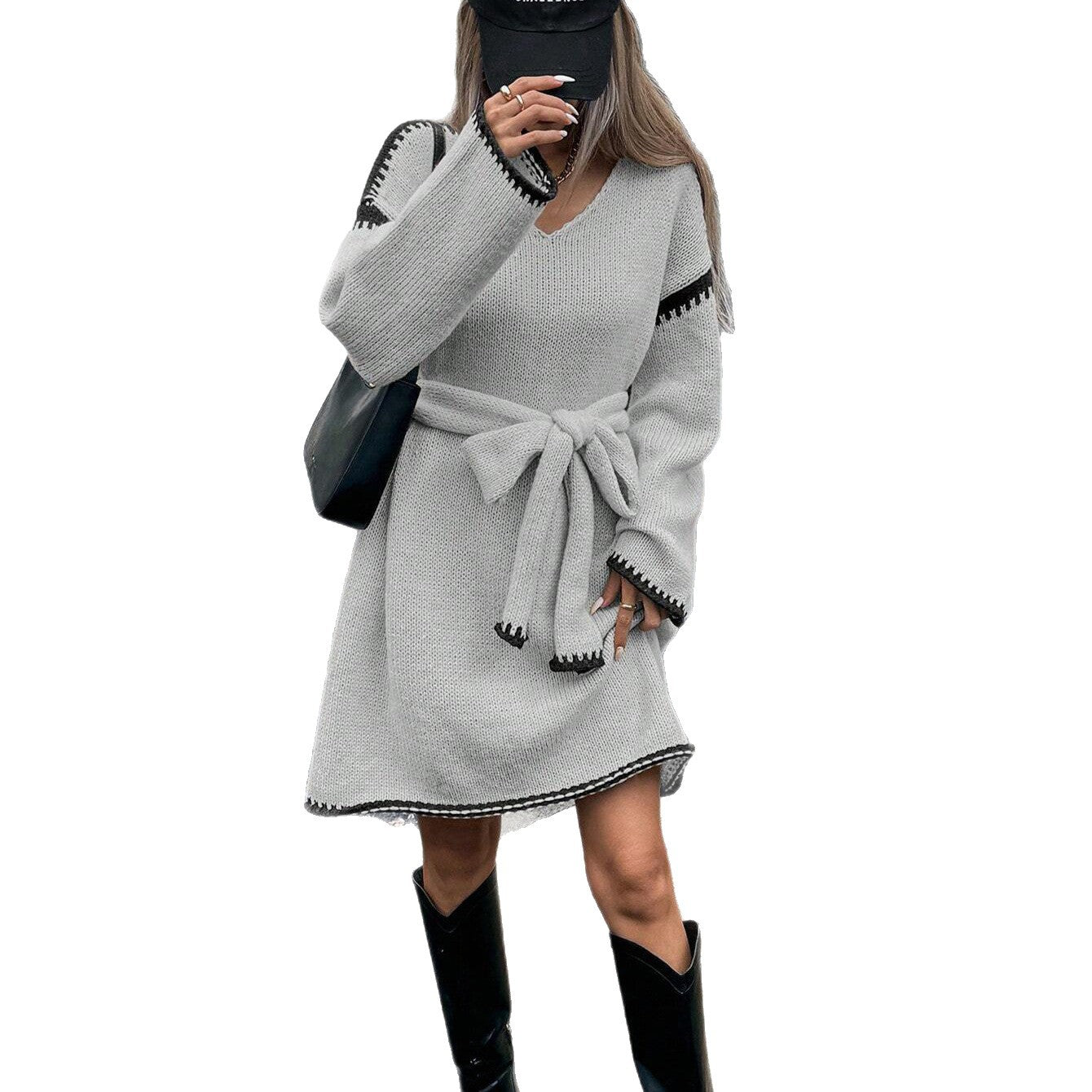 Damen Strickkleid mit Gürtel und V-Ausschnitt Merchesia